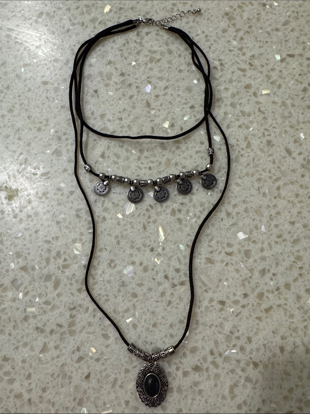 Boho Black Layered Pendant Necklace with Silver Accents
